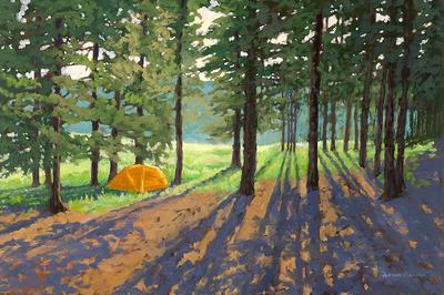 Camping tent in the pine forest Original watercolor painting