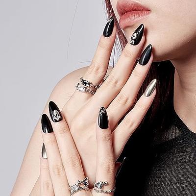 Amazon.com: GLAMERMAID Press on Nails Short Almond for Halloween, Gothic  Black Fake Nails Gel with Skull Design Medium Oval Glue on Nails for Women,  Nude Pumpkin Acrylic False Nail Kits Stick on