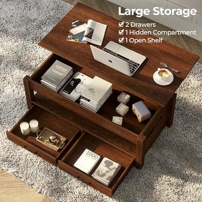 Solid Wood Lift Top Coffee Table with Drawers and Hidden Storage  Compartments