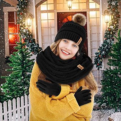 Hat Gloves Scarf Set Women, Gifts for Women Winter Warm Knit Beanie Hat Touchscreen Gloves Long Scarf 3pcs Set