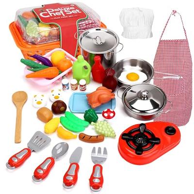 42 Pcs Play Kitchen Accessories Kitchen Playset Toddler Pretend Cookware  Toy Cooking Utensils Stainless Steel Pots and Pans Set Apron Chef Hat  Plastic