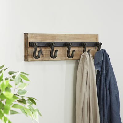 DecMode Wood Industrial Wall Black/Brown Hook Rack 24W x 6H with Wooden  Panel Board 