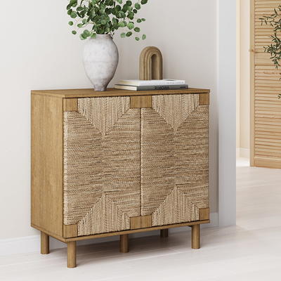 Nathan James Kova Natural Cane Rattan Doors Accent Cabinet with Black Metal Base and Adjustable Shelf