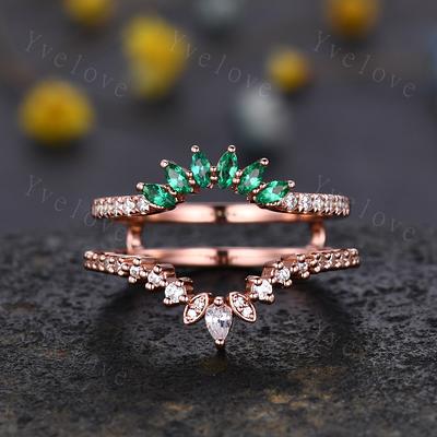 Marquise & Round Cut Black Onyx Diamond Chevron Enhancer Wedding Band Unique Rose Gold Curved Spinel Moissanite Ring Enhancer