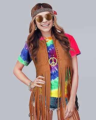 6 Pcs Halloween Women 60s 70s Hippie Costume Outfits Accessories Tie Dye  Shirts Fringe Vest Glasses Earring Necklace Headband (2XL) - Yahoo Shopping