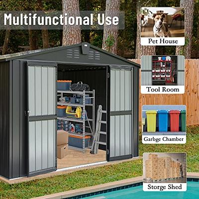 HOGYME 8 x 8 ft. Outdoor Storage Shed, Garden Tool Shed with Double Sliding  Doors, 4 Vents for Backyard Patio Lawn Pool, White+Gray 