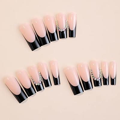 Glossy Long Square Fake Nails Black French Tip Press On - Temu