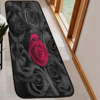 FZDXZJJ Red Rose Flower Runner Rug 2 x 6 ft, Black Rose Hallway Entryway Rug  Runner