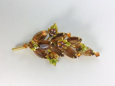 Vintage Pin Brooch Gold Toned Floral Leaf Design With Brown Rhinestones  Green & Enamel Used - Yahoo Shopping