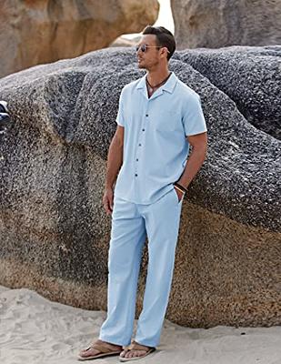 COOFANDY Men's 2 Piece Outfit Casual Short Sleeve Button Down Shirt Beach  Summer Loose Pant Sets Beige Medium