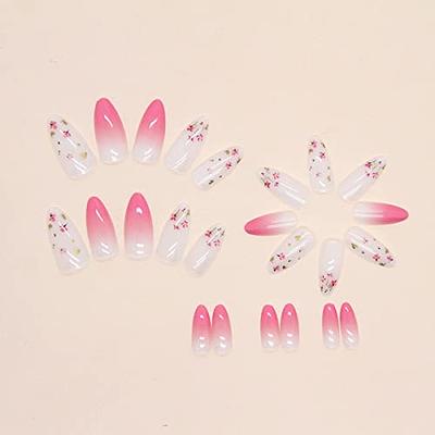 Coffin Long False Nail Cherry Pink Glitter Press on Nails for Nail Art  24pcs