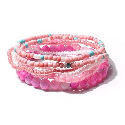 Multi Beaded Bracelets Layer Stretch Heart Charms Pink Beach