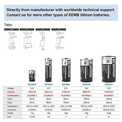  EEMB 4Pack ER26500 C Size 3.6V Lithium Battery with Solder Tabs  High Capacity Li-SOCL₂ Non-Rechargeable Battery LS26500 SB-C01 TL-2200 for  Electricity Meter, Wireless Electric Tools, Signal lamp : Health & Household