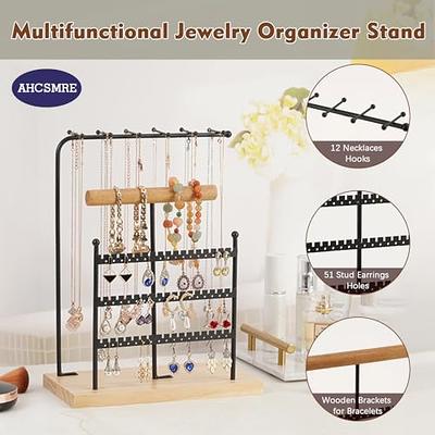 Jewelry Organizer Earrings Display Stand Wooden Rack with Hooks 4 Tiers  Jewelry Hooks Necklace Stand Rack
