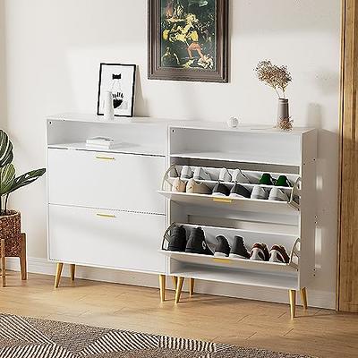 Modern Entryway White Shoe Storage Narrow Shoe Cabinet with 2 Flip Doors &  1 Drawer