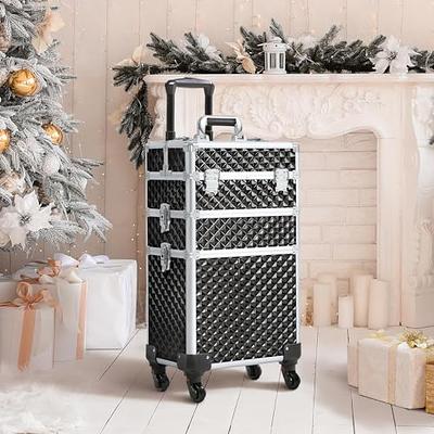 VIVOHOME 4 in 1 Makeup Rolling Train Case Aluminum Trolley Professional Cosmetic Organizer Box with Shoulder Straps 2 Keys Black(Cosmetic Are Not
