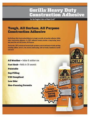 Gorilla Glue Ultimate Heavy Duty Construction Adhesive 8008002, 9 oz  Cartridge, White