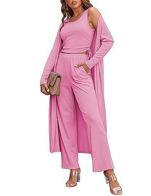 Ekouaer Womens Sweatsuit Knit Ribbed Crop Top Loose Pants Cardigan Pajamas  3 Piece Lounge Set Rose,XXL - Yahoo Shopping