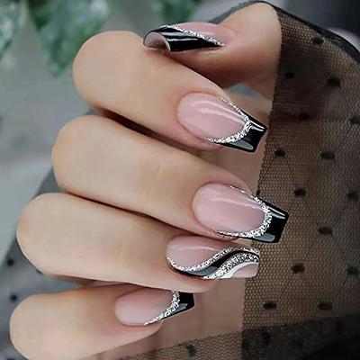 Rainsin Glossy Coffin Extra Long Press on Nails with Designs,Nude