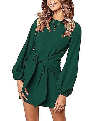 PRETTYGARDEN Women's Elegant Long Lantern Sleeve Short Dress Crewneck Tie  Waist Knit Cocktail Dress