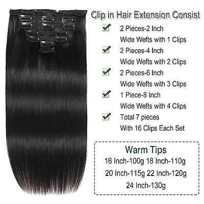 Full Shine Jet Black Clip in Hair Extensions Straight Hair Pieces 16inch  100% Human Hair Extensions Clip Ins Real Remy Hair Brazilian Hair 100g 