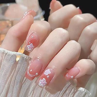  Coffin Press on Nails Medium Length Fake Nails Glitter Pink  Gradient False Nails Design Glossy Full Cover Artificial Acrylic Nails  Reusable Stick on Nails Natural Fit Glue on Nail for Women