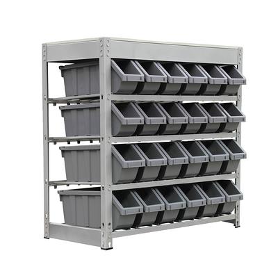 King's Rack Bin Rack Storage System Heavy Duty Steel Rack Organizer Shelving Unit w/ 24 Plastic Bins in 8 Tiers, Gray