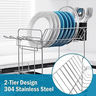 2-Tier Small Dish Drainer with Drain Board Plastic Dish Drying Rack and  Drip Water Tray Set-Pour Spout Design for Kitchen Sink