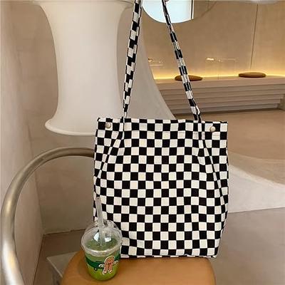 Womens White Checkered Tote Shoulder Bag Purse With Inner Pouch