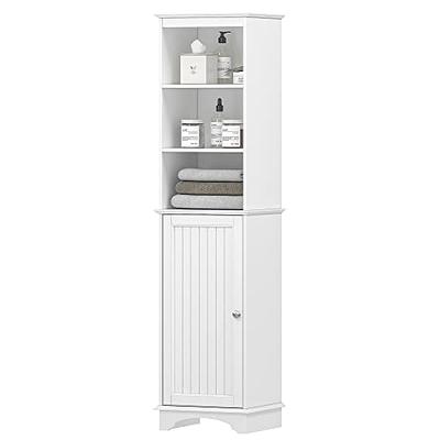 kleankin Tall Bathroom Storage Cabinet, Free Standing Bathroom Cabinet Slim Side Organizer w/ 3-Tier Open Shelf, Bamboo Door, White