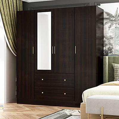 Homsee Wardrobe Armoire with Mirror, 4 Doors, 2 Hanging Rods, 2 Drawers & 8  Storage Compartments, Wooden Closet Storage Cabinet with Black Handles for