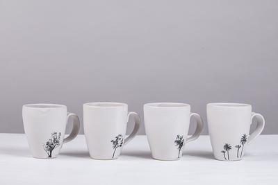 Set of 4 White Ceramic Espresso Cups With Tree Decals, Pottery Modern Espresso  Cups Set, Handmade Tea Cups With Handle 
