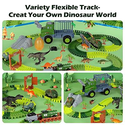  Dinosaur Toys, 201Pcs Create A Dinosaur World Road Race with  Rolling Ball 8 Dino and 2 Race Cars for Boys & Girls Ages 3 4 5 6 7,  Flexible Train Tracks
