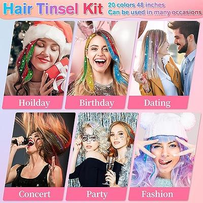 Hair Tinsel Kit, Tinsel Hair Extensions, 12 Colors Glitter Fairy Hair  Tinsel Heat Resistant with Tools for Women Girls Party Halloween Christmas  New