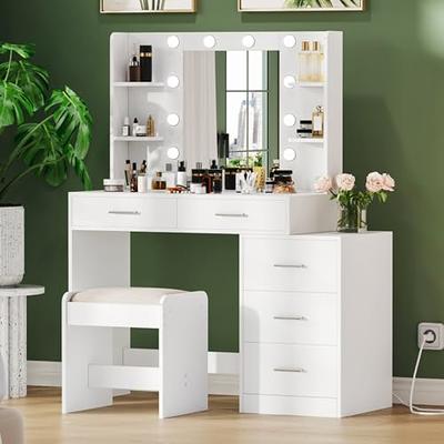 Vabches White Vanity Desk with Mirror and Lights, Vanity Table Makeup Vanity  with Lights 3 Drawers and Cabinets, Charging Station & Sliding Door, Lots  Storage Shelves - Yahoo Shopping