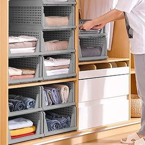 PINKPUM Stackable Plastic Storage Basket-Foldable Closet Organizers and  Storage Bins 4 Pack-Drawer Shelf Storage Container for Wardrobe Cupboard