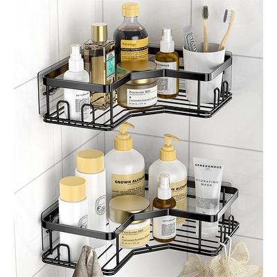 Dracelo 2 Pack Matte Black Bathroom Wall Mounted Adhesive Shower Caddies Shelf with Hooks