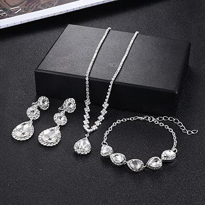 CASSIECA Silver Bridal Jewelry Set Rhinestone Necklace Bracelet Dangle Earrings for Bride Bridesmaid Teardrop Pendant Crystal Wedding Prom Jewelry