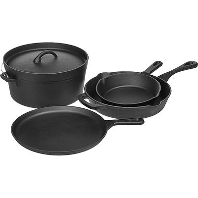MegaChef Cast Iron Pre-Seasoned 6 Piece Skillet Set with Lids and Red Silicone Holders