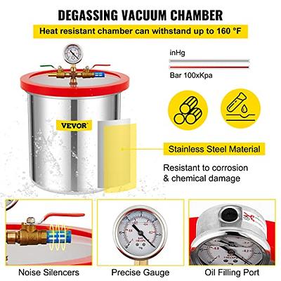 VEVOR 5 Gallon Vacuum Chamber and 3.5 CFM Pump Kit, Tempered Glass Lid  Vacuum Degassing Chamber Kit, Single Stage Vacuum Pump with 250 ml Oil  Bottle, for Stabilizing Wood, Degassing Silicones, Epoxies