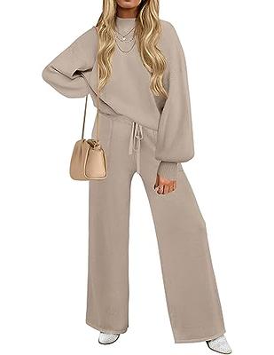  Womens 2 Piece Outfits Mock Neck Pullover Top Wide Leg  Sweatpants Sport Lounge Jogger Suits Brown X-Large