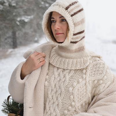 Handmade Striped Alpaca Wool Balaclava Hood For Women, Knitted