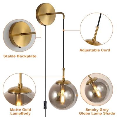 Mid Century Modern Wall Light Fixture Minimalist Glass Globe Wall Mounted  Sconce with Adjustable Cord Gold Brass Round Wall Reading Lamp (Clear  Lampshade) 