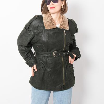 90S Oversized Green Leather Jacket Suede With Belt & Sheepskin