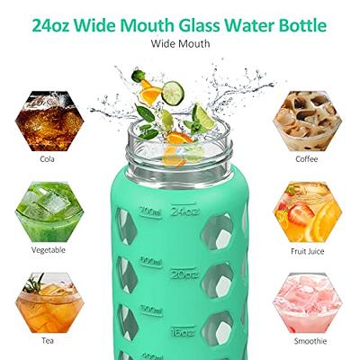 Glass Water Bottles with Straw, 24Oz Water Bottle with 2 Lids