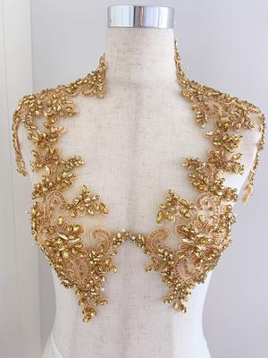 2pcs Gold Rhinestone Bodice Applique, Crystal Crafted Applique