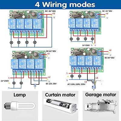 DieseRC Universal Wireless Remote Control Switch AC 110V 120V 240V 220V 10A  4 Channels RF Relay Receiver Board with 2 Transmitters for Motor Garage