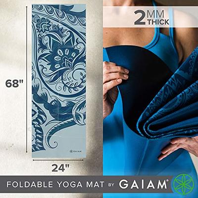 Gaiam Yoga Mat Folding Travel Fitness & Exercise Mat  Foldable Yoga Mat  for All Types of Yoga, Pilates & Floor Workouts, Icy Paisley, 2mm, 68L x  24W x 2mm Thick 