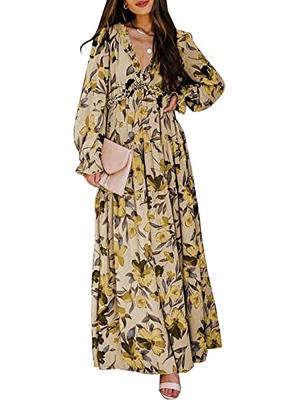 BLENCOT Womens Casual Floral Deep V Neck Long Sleeve Long Evening Dress  Cocktail Party Maxi Wedding Dresses