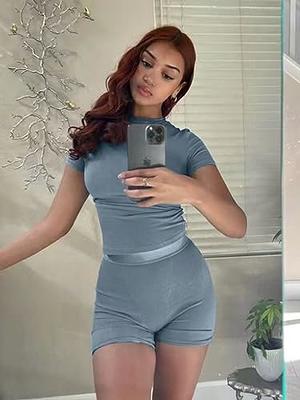 AYWA Two Piece Outfits for Women Fitted Crew Neck T-shirt High Waist  Leggings Biker Shorts Matching Sets Streetwear (Blue Grey, Small) - Yahoo  Shopping